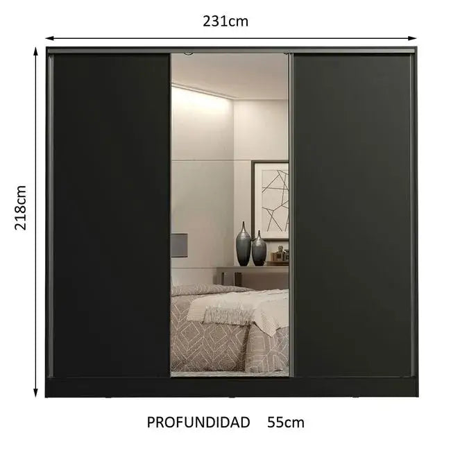 Ropero Placard Matrimonial 100% MDF Zurique con Espejo 231cm Puertas Corredizas