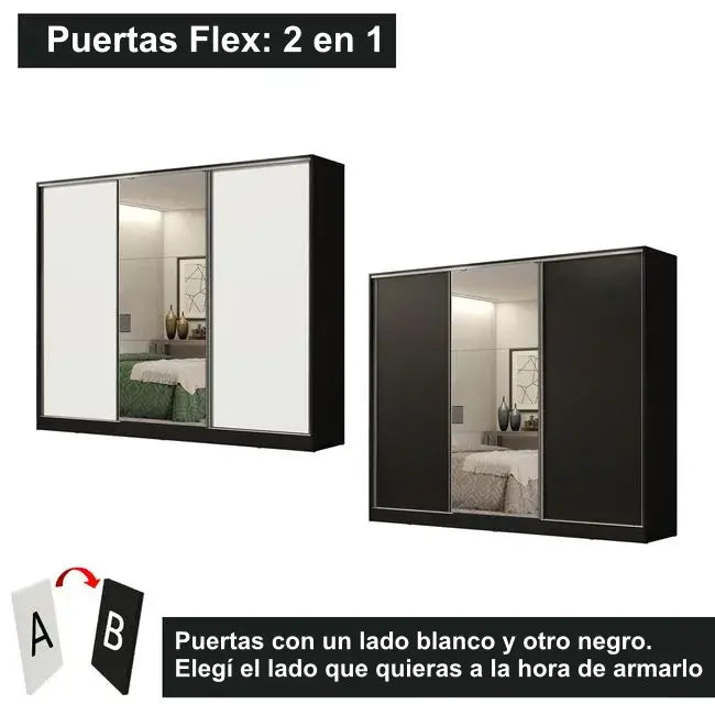 Ropero Placard Matrimonial 100% MDF Zurique con Espejo 231cm Puertas Corredizas