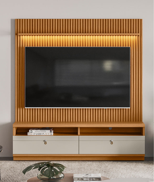 Rack con Panel Ouro Preto Listones de madera y Led 180cm MDF/MDP