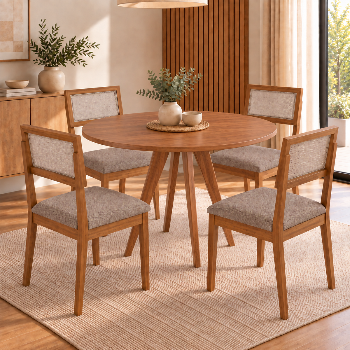 Juego de Comedor Amara Redonda 1.09cm con 4 Sillas Enara - Madera Maciza