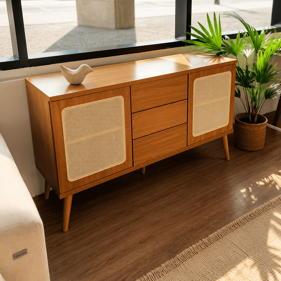 Aparador Ratan Sintetico 135CM 100% Mdf Nórdico C/ 2 Puertas y 3 Cajones (Producto armado en el showroom)