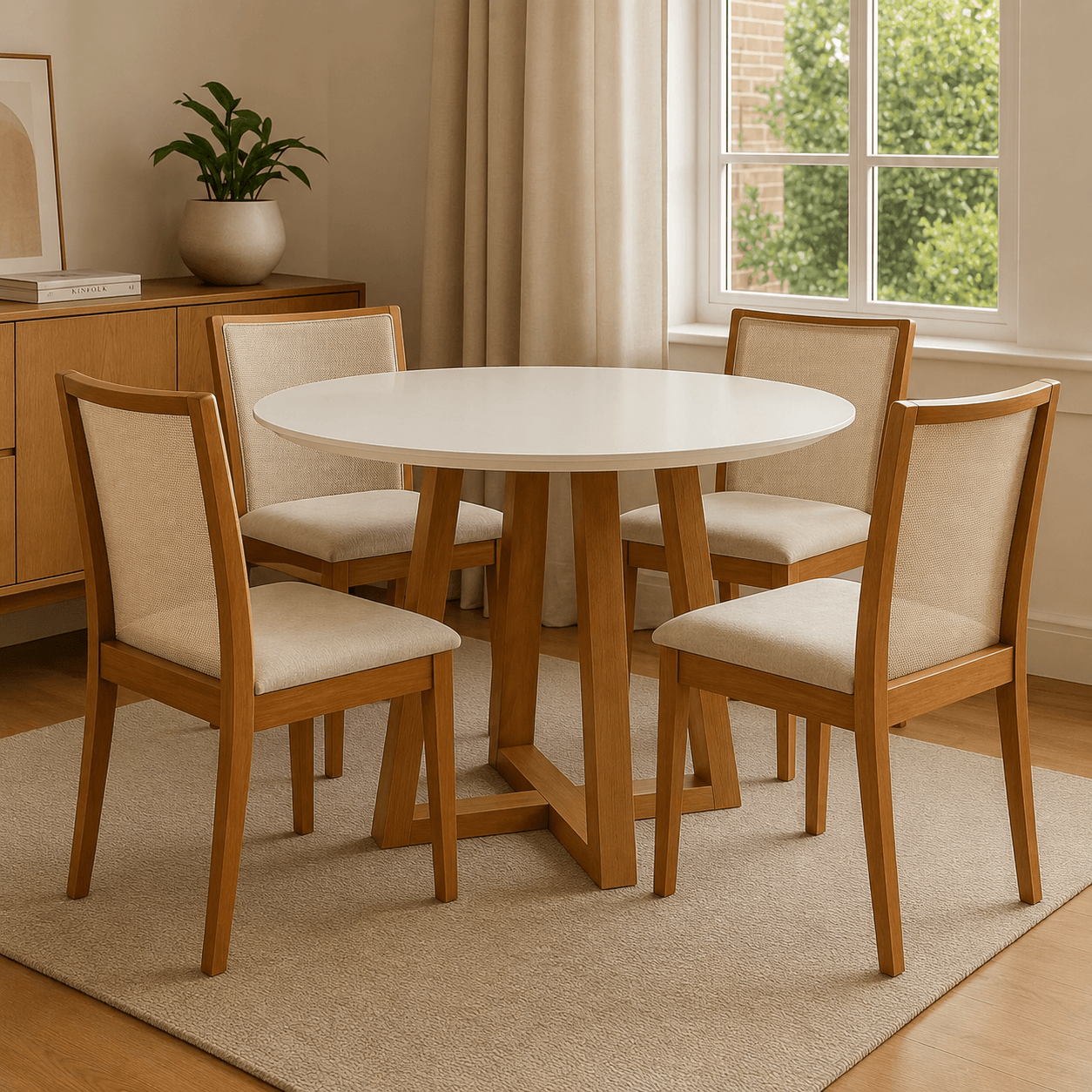 Juego de comedor Mesa Elma Redonda con Tapa de Vidrio con 4 Sillas Lara