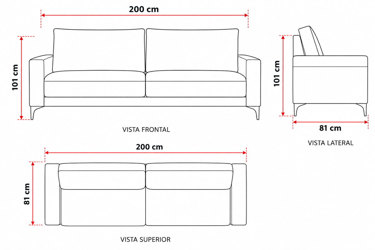Sofa Piria 200cm c/Patas de Metal