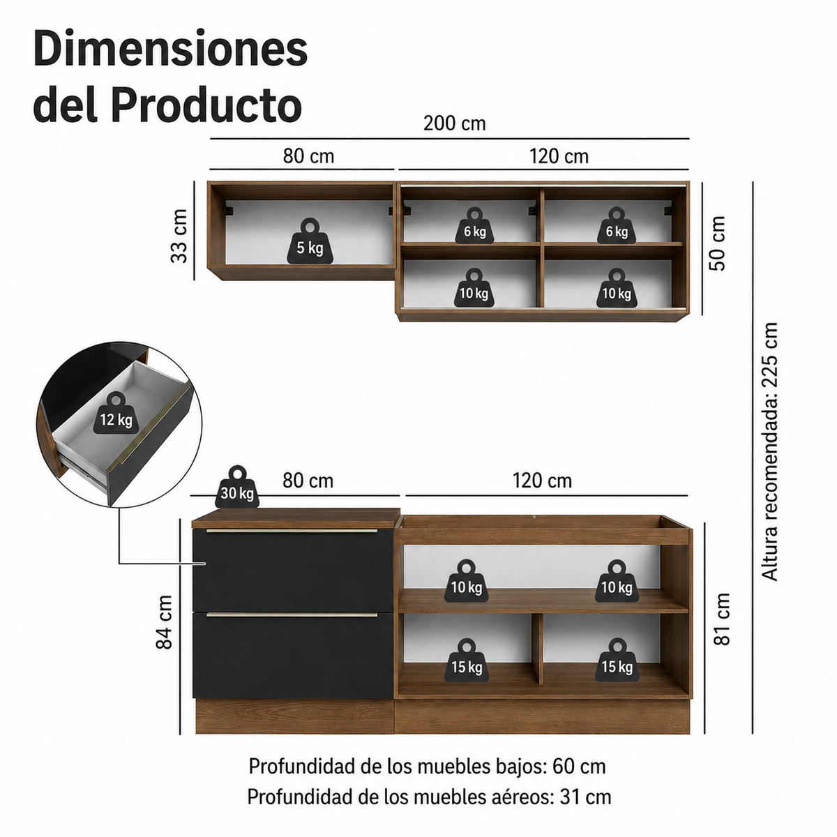 Cocina Completa Modulada Lux 200cm Rustic/Gris - Balton Hogar