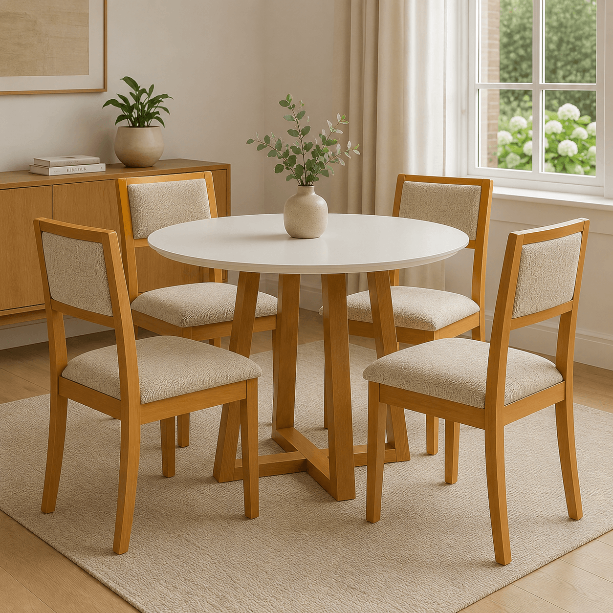 Juego de comedor Mesa Elma Redonda con Tapa de Vidrio Blanco y 4 Sillas Alice