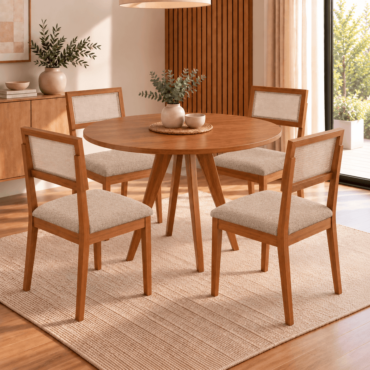 Juego de Comedor Amara Redonda 1.09cm con 4 Sillas Enara - Madera Maciza