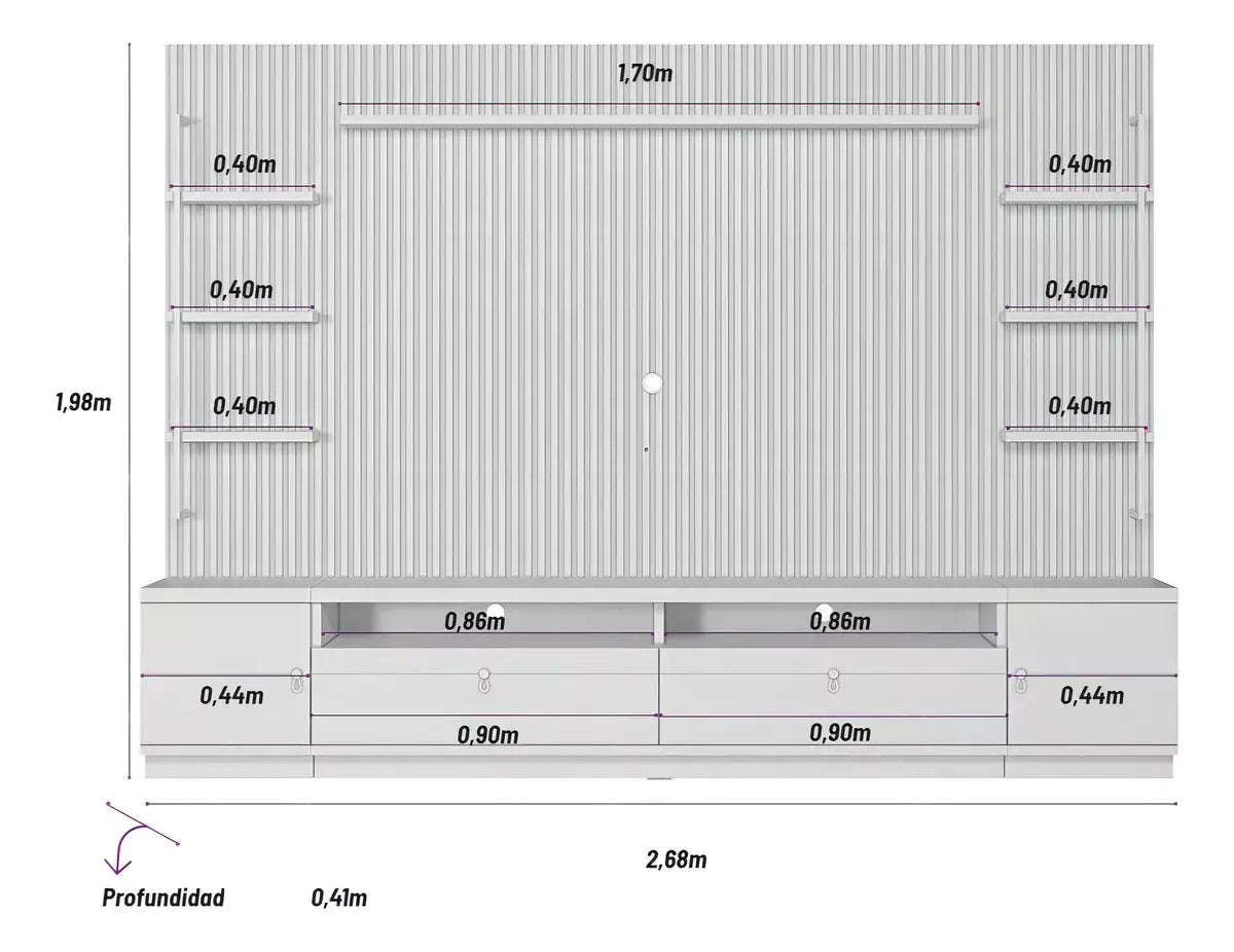 Rack con Panel Ouro Listones de madera y Led 268cm MDF/MDP