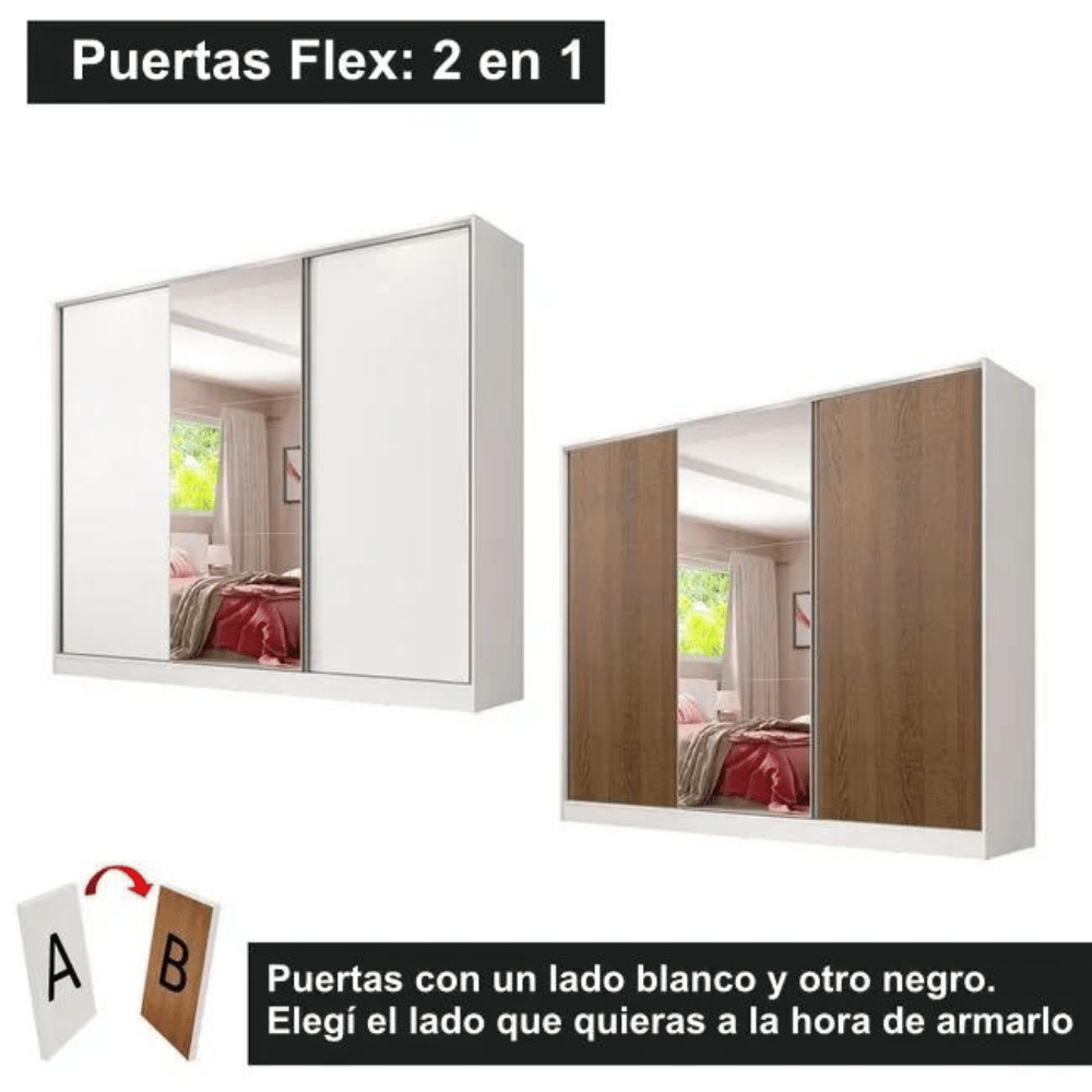 Ropero Placard Matrimonial 100% MDF Zurique con Espejo 231cm Puertas Corredizas