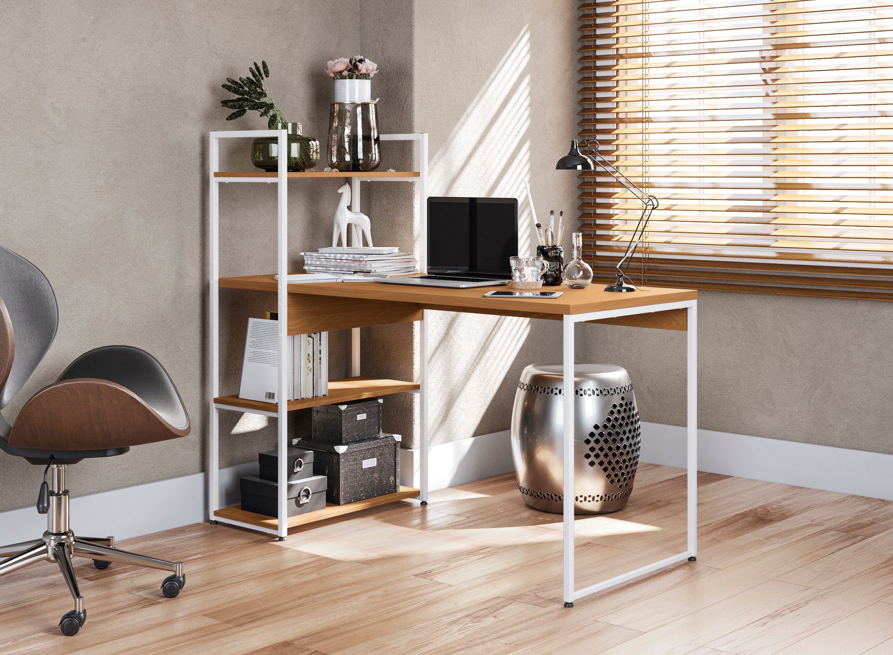 MESA DE ESCRITORIO CON ESTANTERIA LINEA INDUSTRIAL HIERRO - BALTON HOGAR