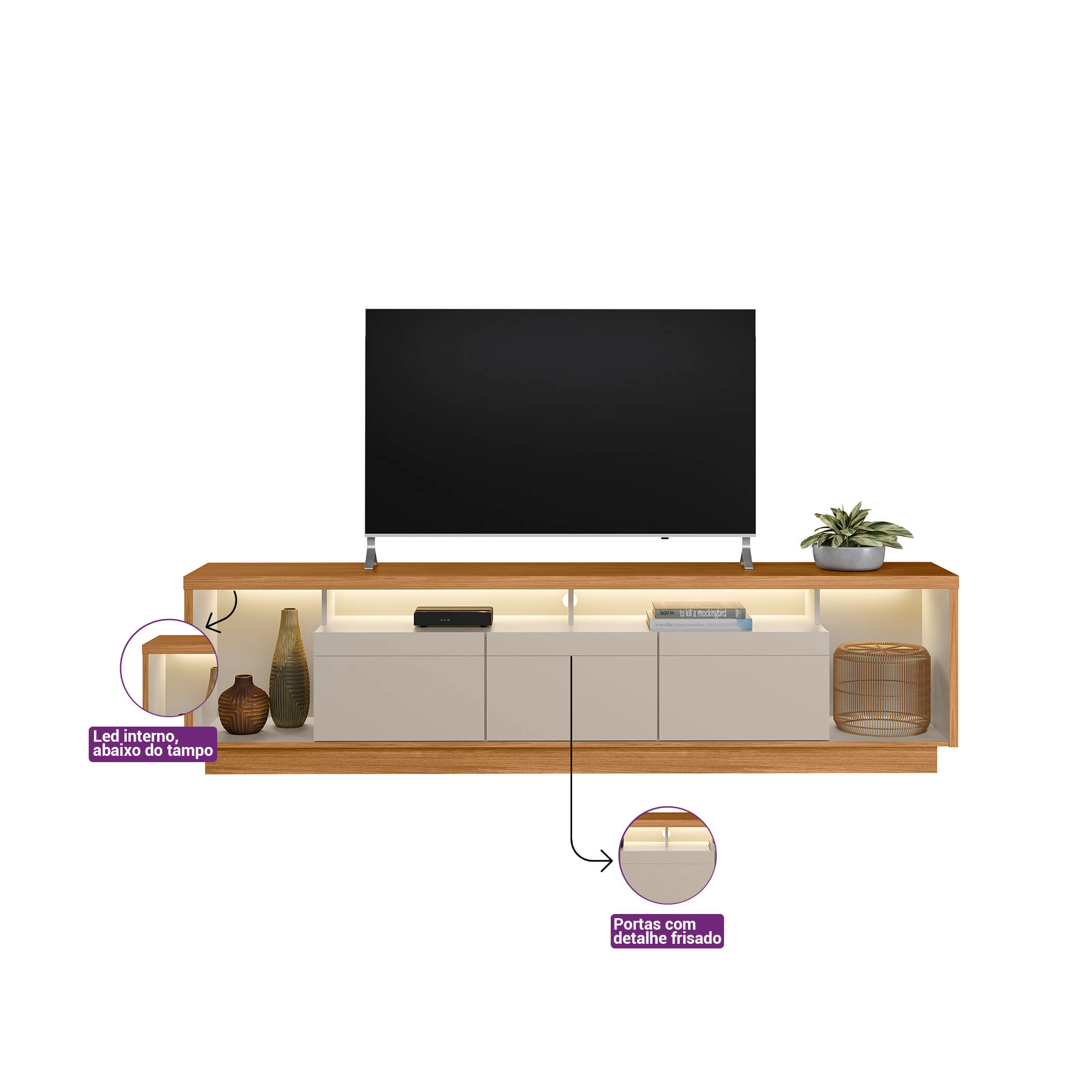 Rack tv Sala Cronos 220cm con tira Led MDF/MDP