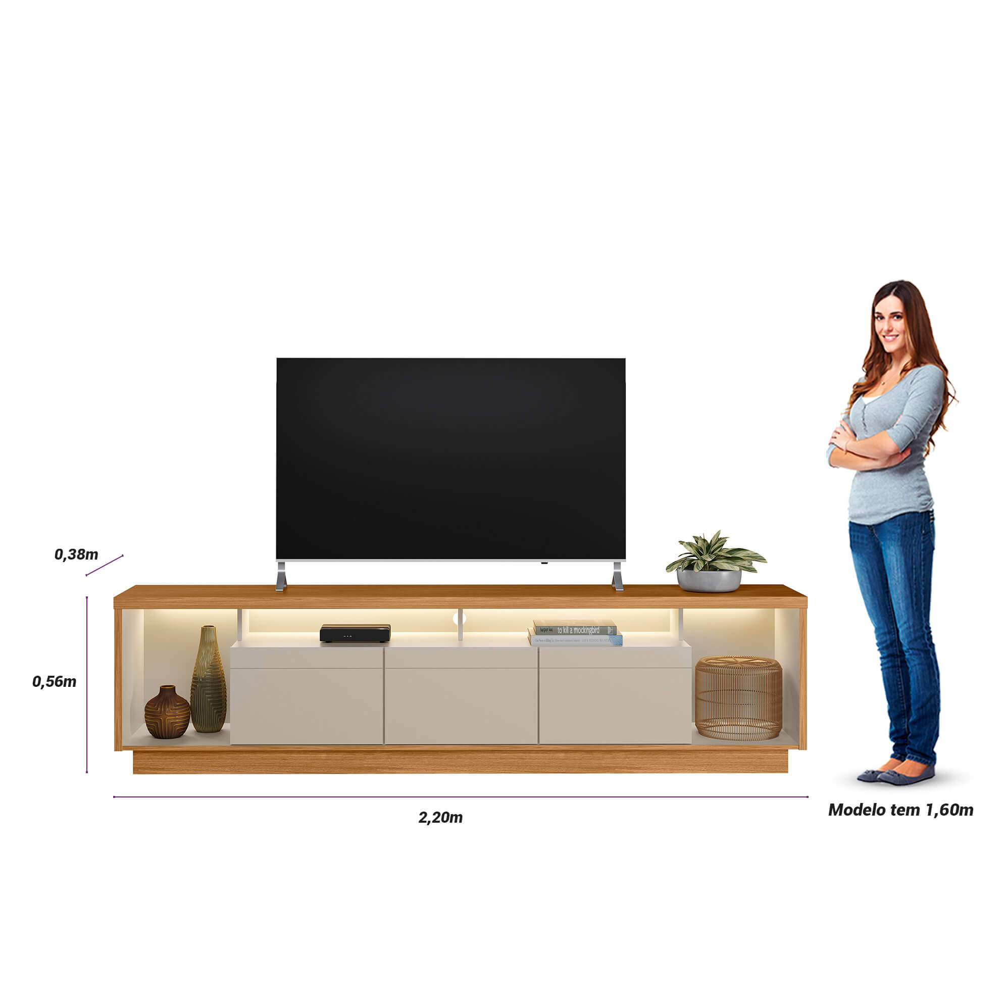Rack tv Sala Cronos 220cm con tira Led MDF/MDP
