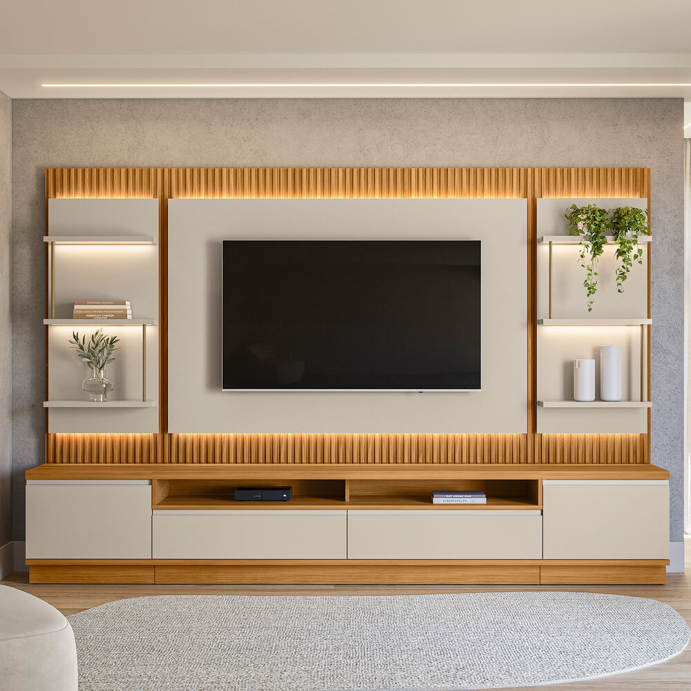 Rack con Panel Modular Sao Paulo Completo con Led MDF/MDP