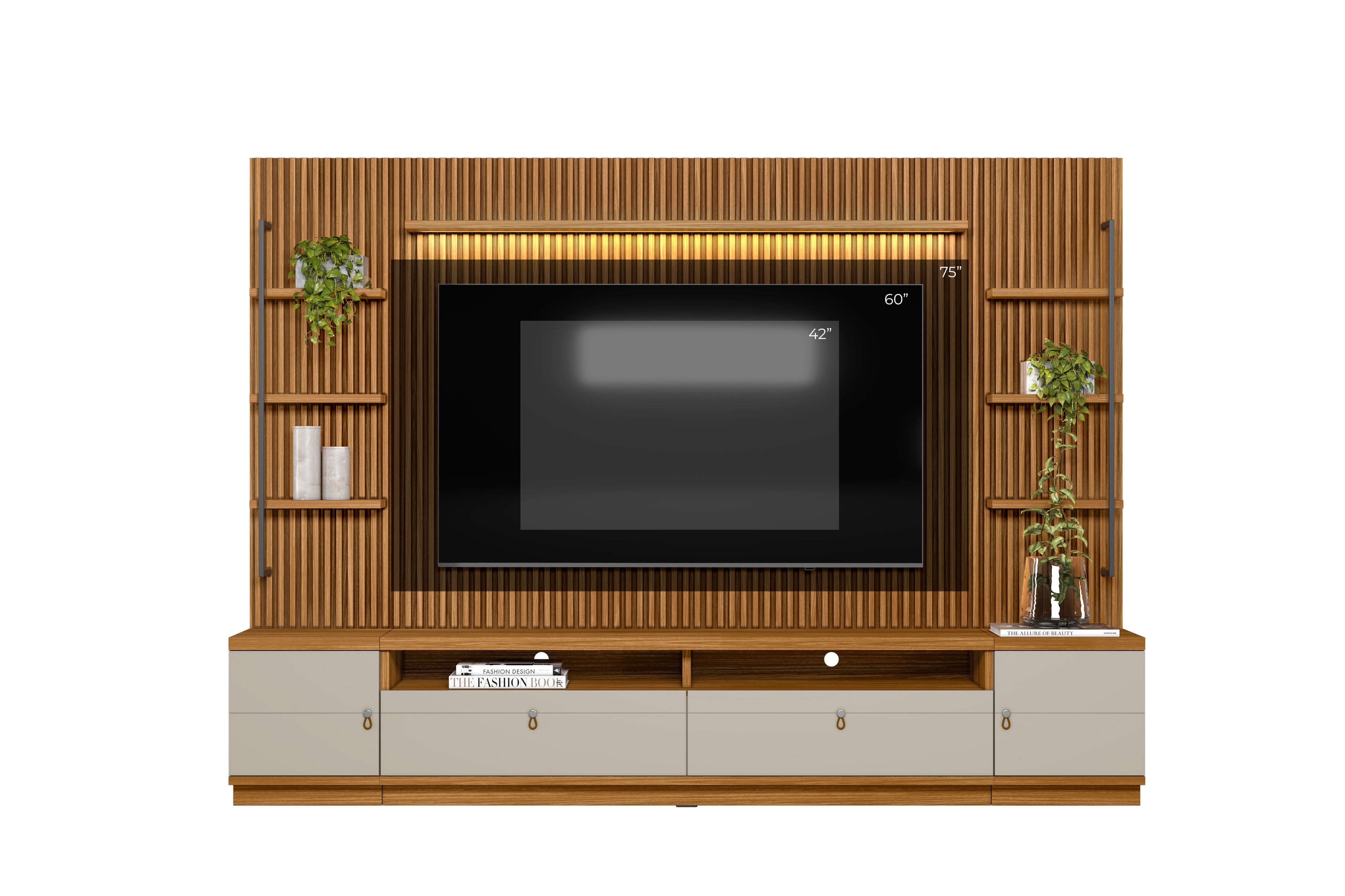 Rack con Panel Ouro Listones de madera y Led 268cm MDF/MDP