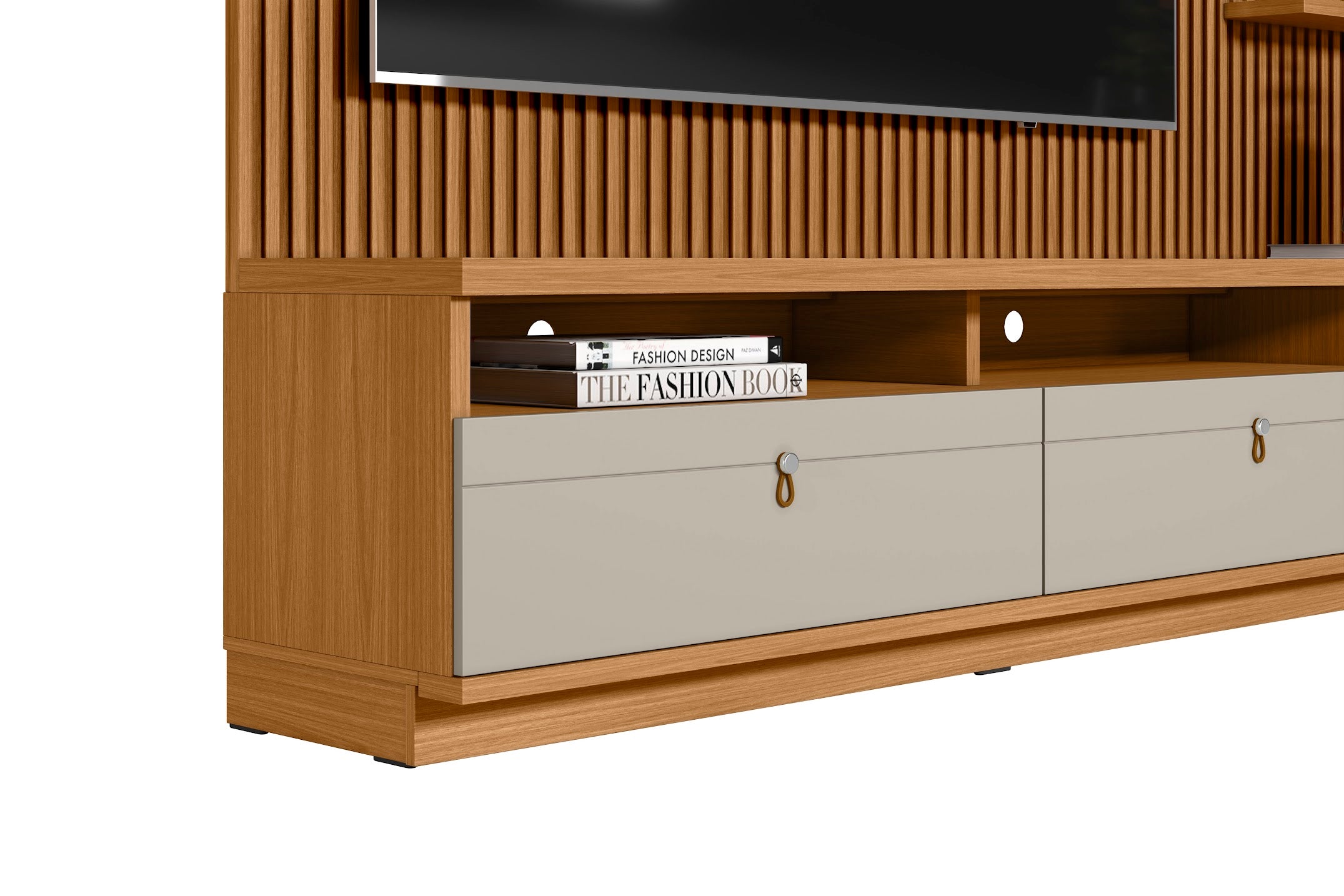 Rack con Panel Ouro Preto Listones de madera y Led 180cm MDF/MDP