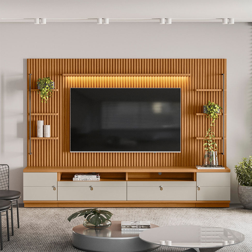 Rack con Panel Ouro Listones de madera y Led 268cm MDF/MDP