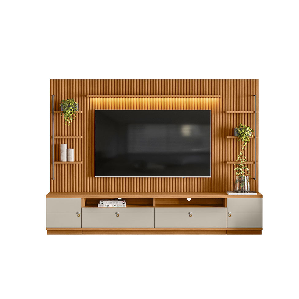 Rack con Panel Ouro Listones de madera y Led 268cm MDF/MDP