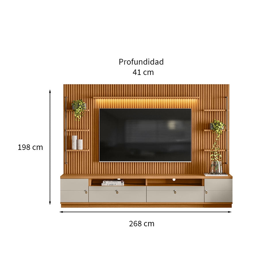 Rack con Panel Ouro Listones de madera y Led 268cm MDF/MDP