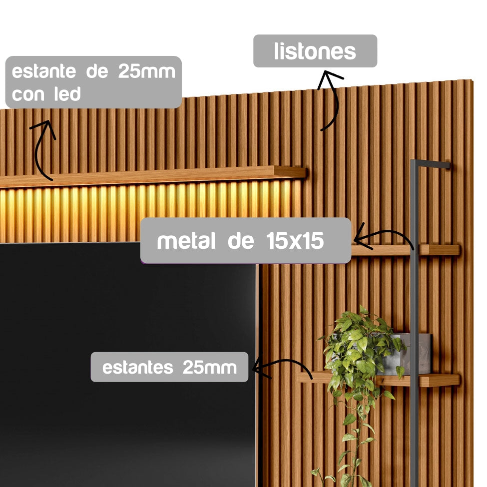 Rack con Panel Ouro Listones de madera y Led 268cm MDF/MDP