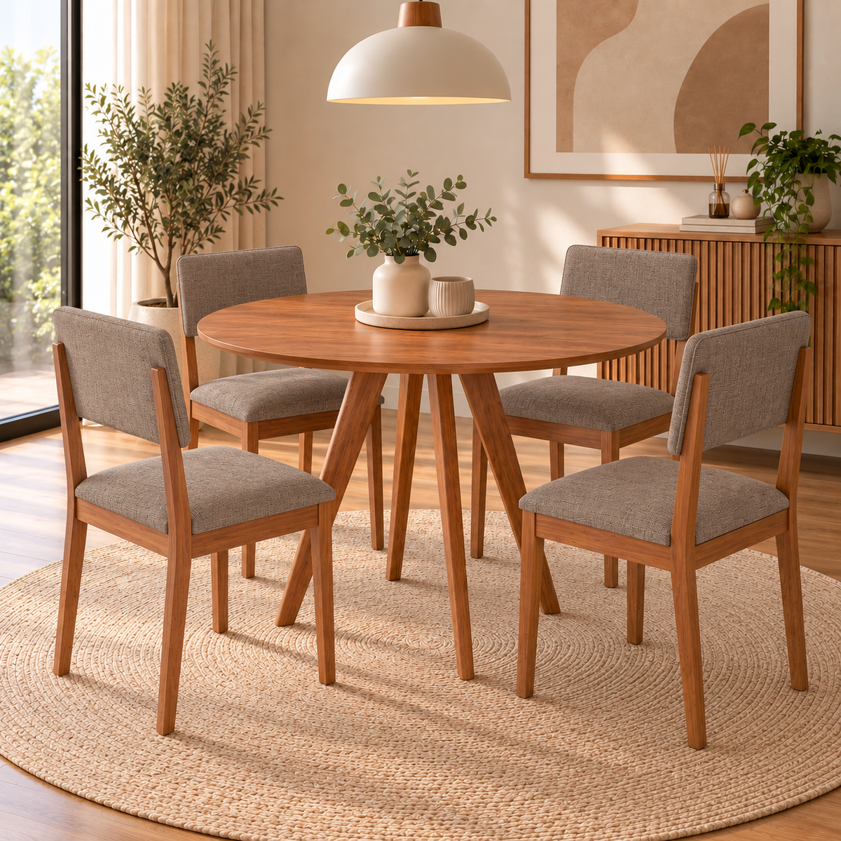 Juego de Comedor Amara Redonda 1.09cm con 4 Sillas Selene - Madera Maciza