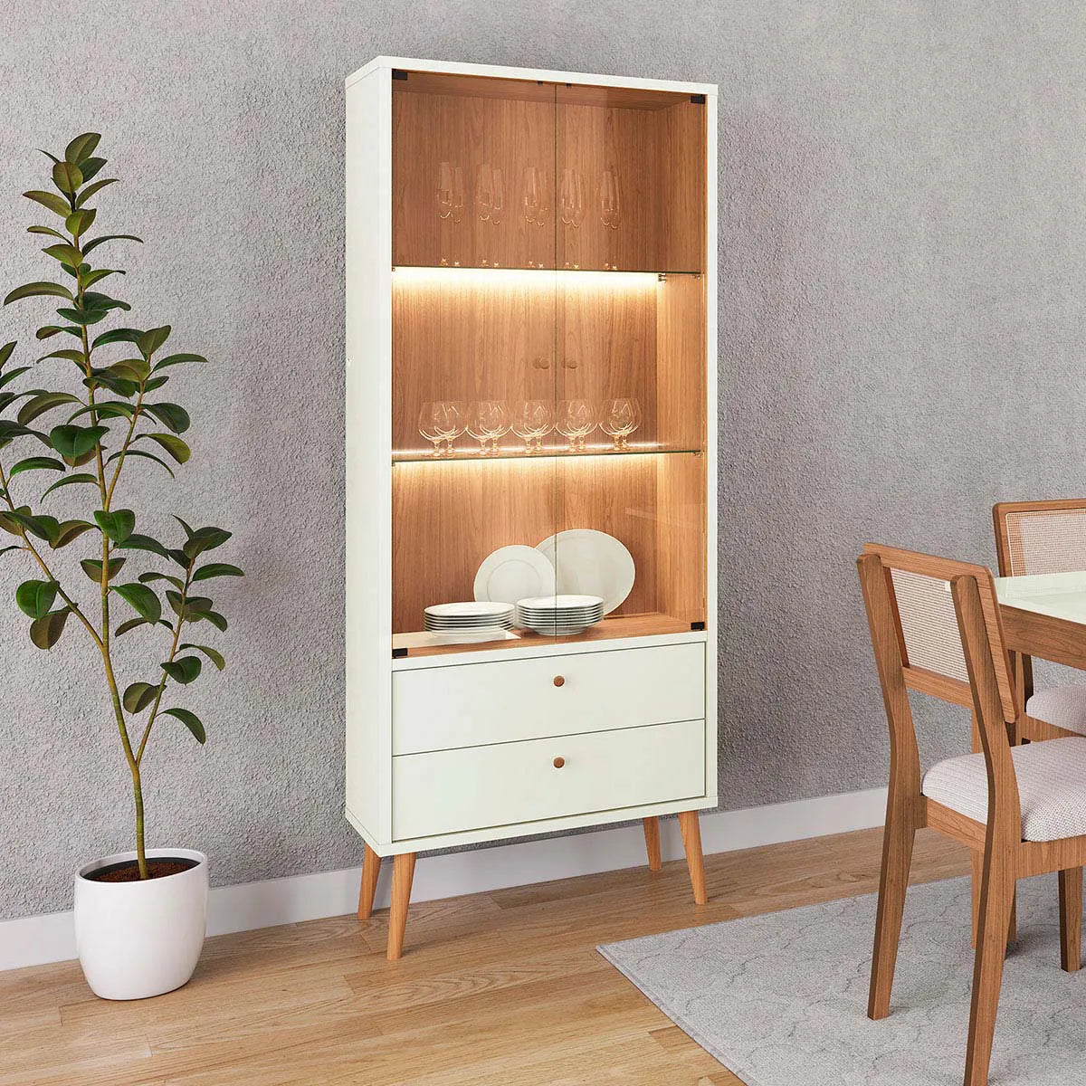 Cristalera Aparador Retro Con Vidrio y Led Monica 100% MDF con Led