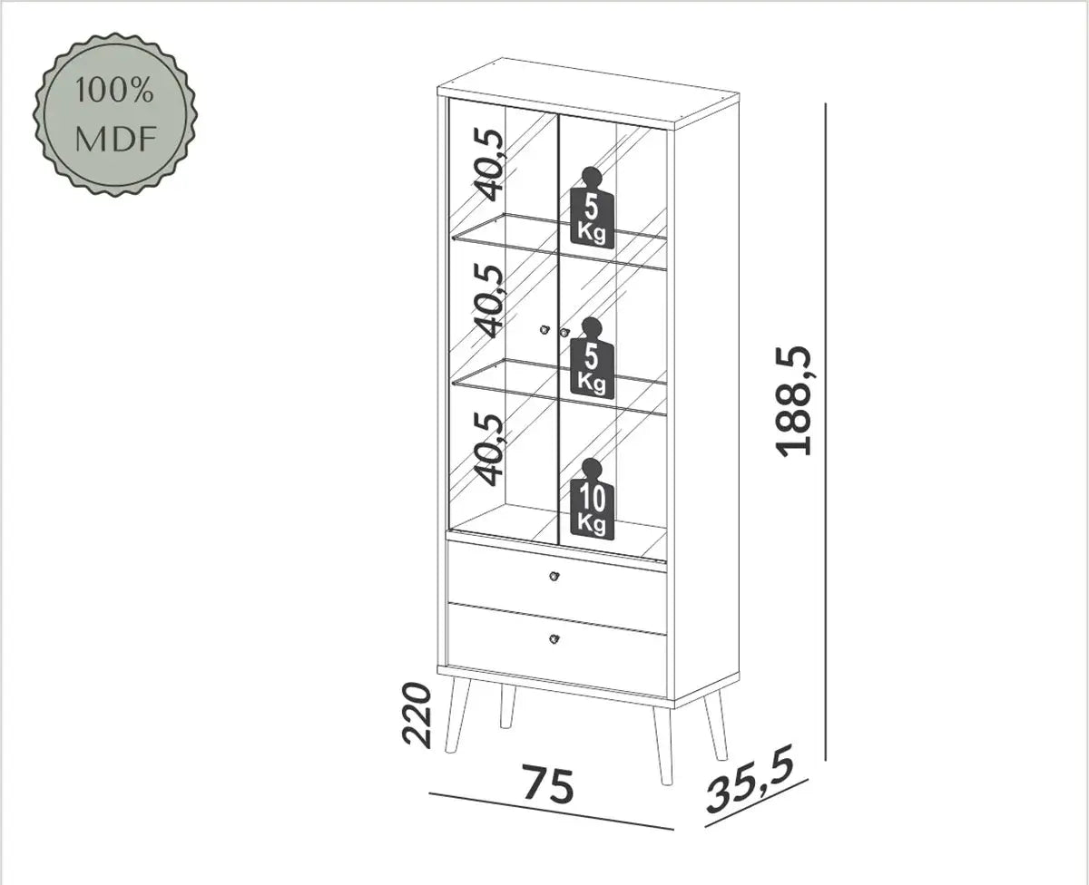 Cristalera Aparador Retro Con Vidrio y Led Monica 100% MDF con Led