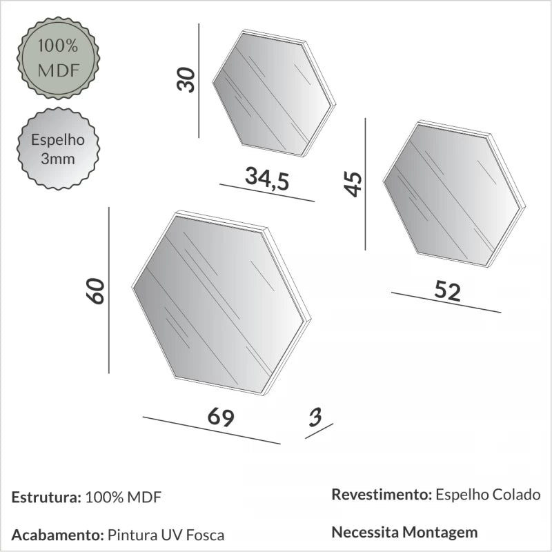 Kit de espejos decorativos hexagonales 60cm, 45cm y 30cm Bordes Blancos
