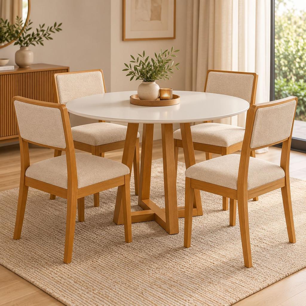 Juego de comedor Mesa Elma Redonda con Tapa de Vidrio con 4 Sillas Isa