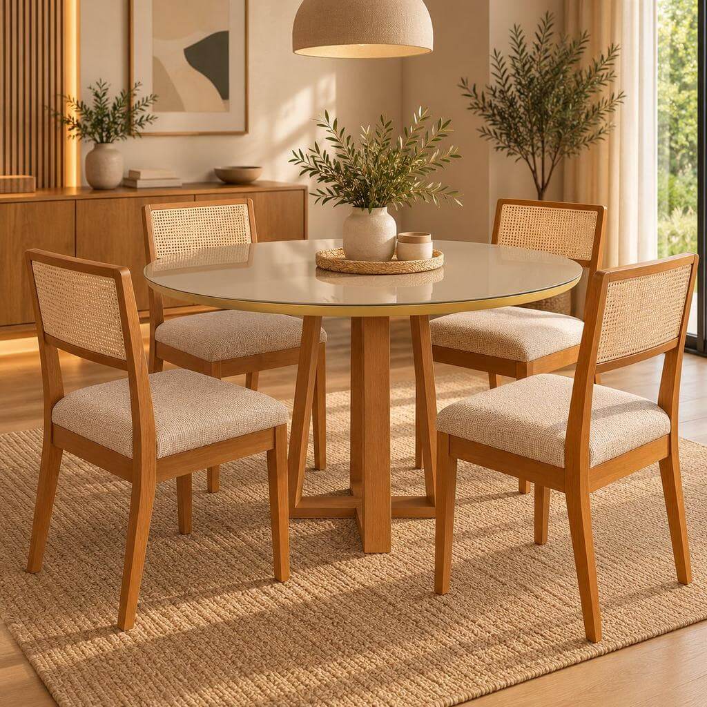 Juego de comedor Mesa Elma Redonda con Tapa de Vidrio con 4 Sillas Lola