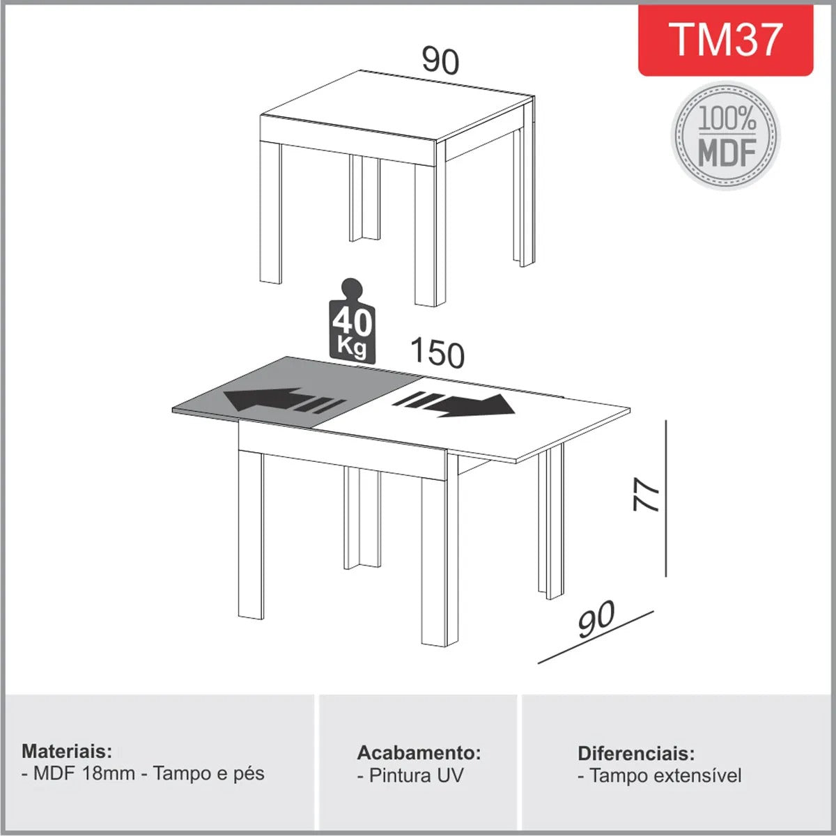 Mesa de Comedor Extensible 90CM - Linea Sofia 100% MDF