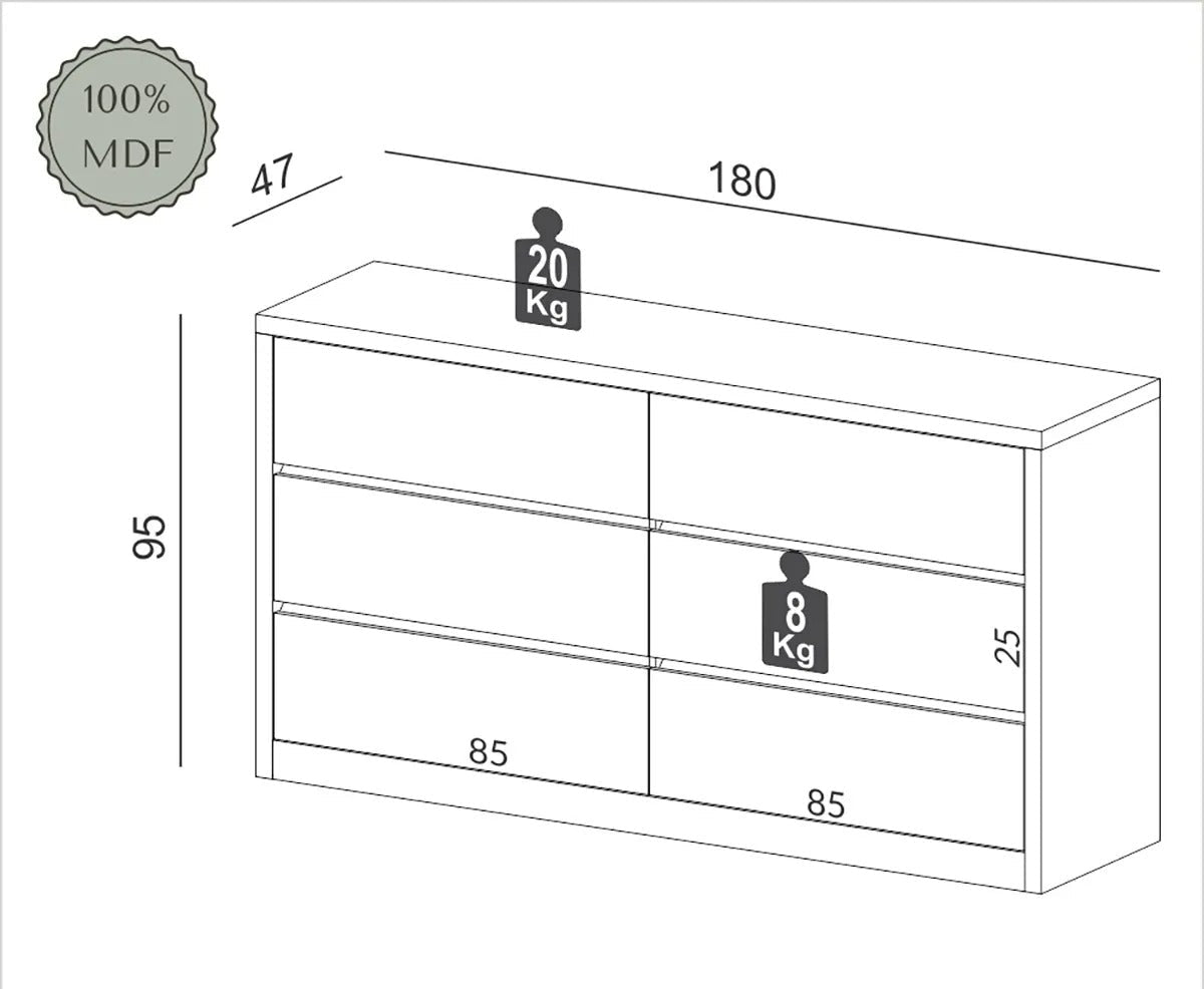 Comoda Mela 180CM 6 Cajones 100% MDF