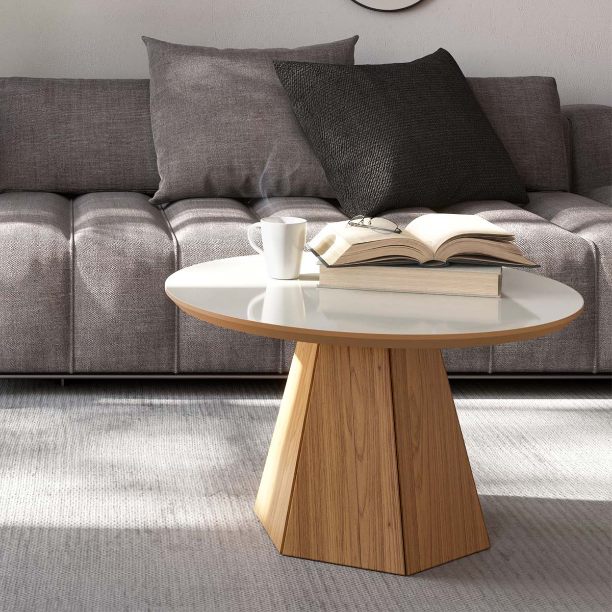 Mesa Ratona de Centro Lorena Hexagonal 70CM - OFF WHITE/FREIJO