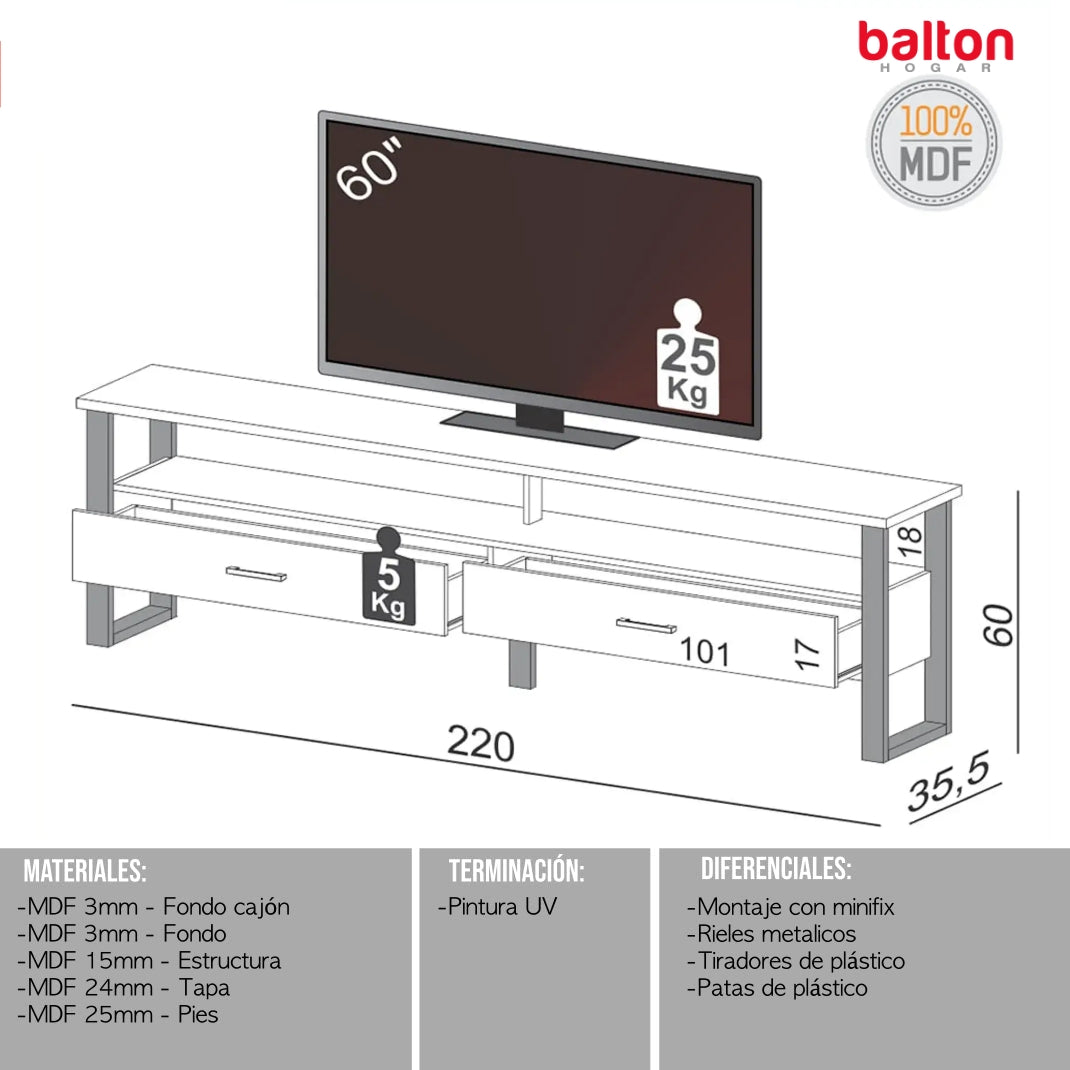 Rack para TV Industrial F43 220cm 100% MDF - Linea Factory
