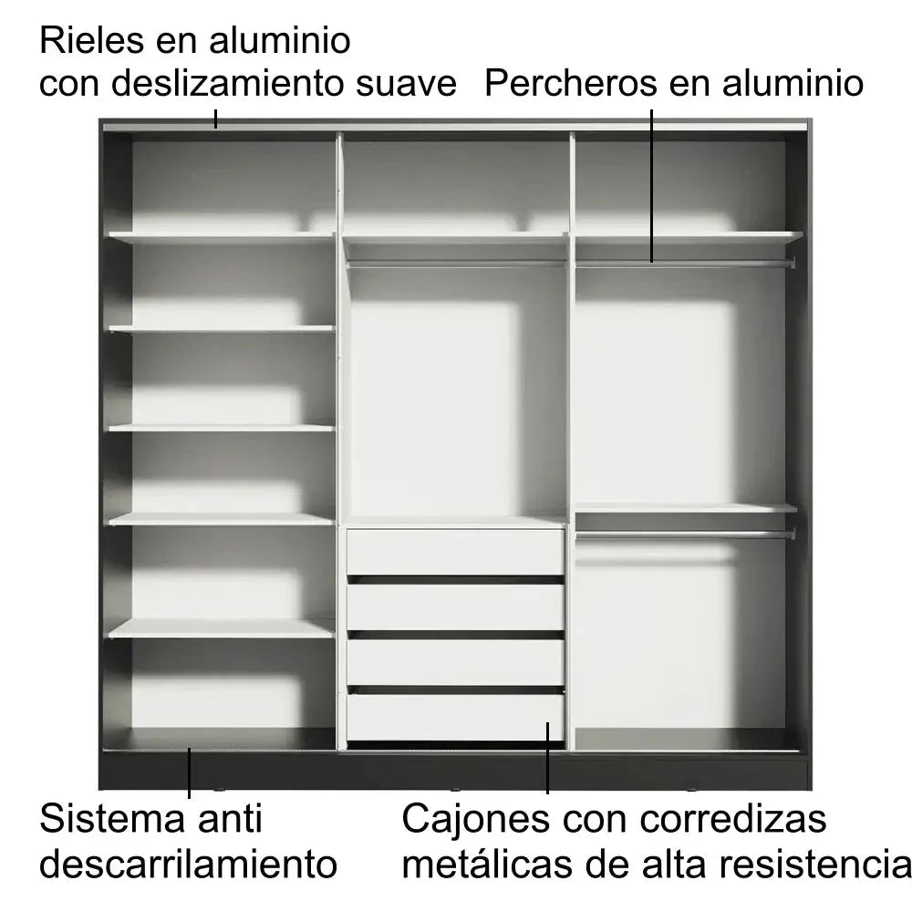 Ropero Matrimonial 100% MDF Zurique 231cm Puertas Corredizas - XC1063D8