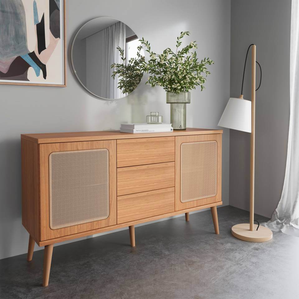 Aparador Ratan Sintetico 135CM 100% Mdf Nórdico C/ 2 Puertas y 3 Cajones (Producto armado en el showroom)