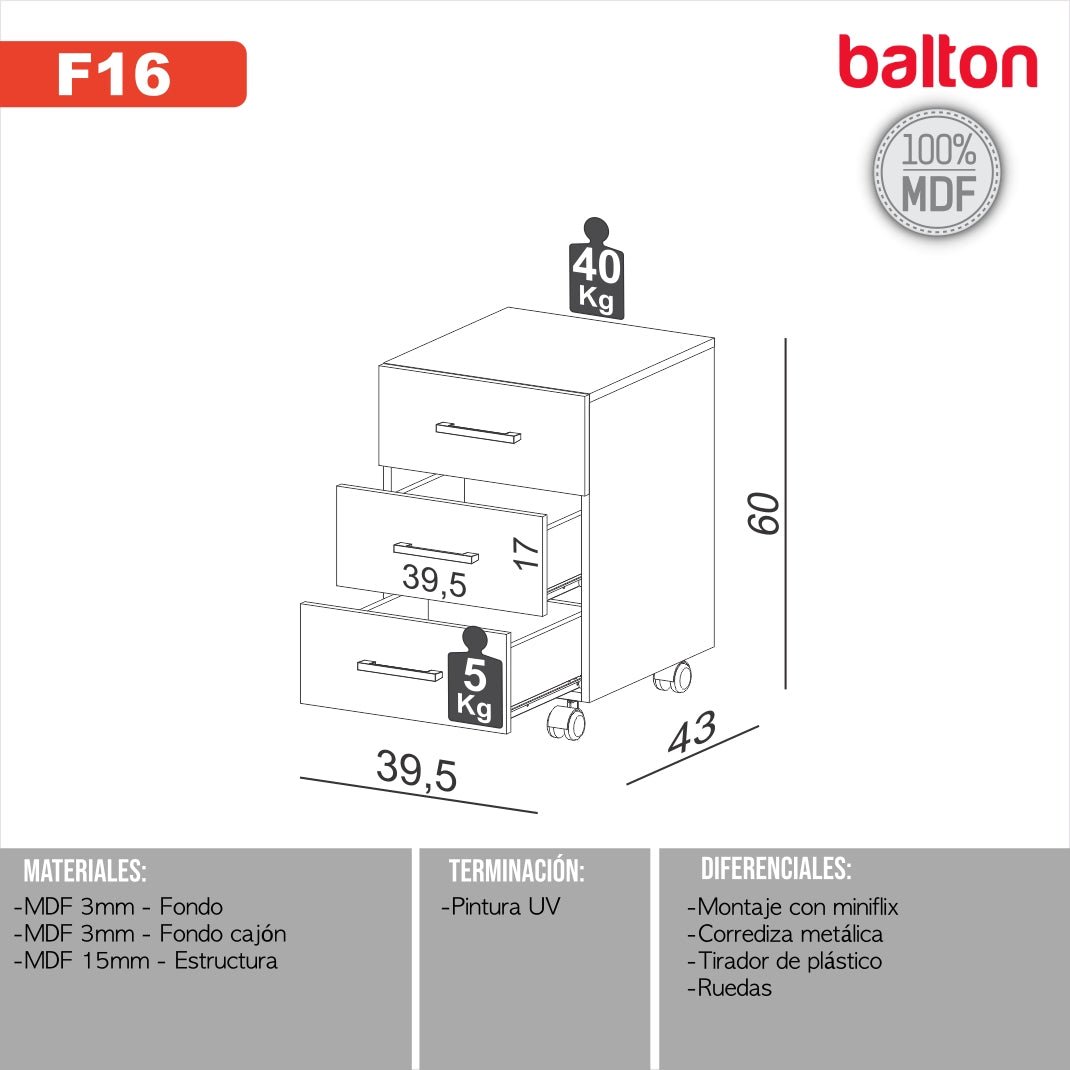 Cajonera con Ruedas 100% Mdf - Balton - F16JJ - F16JJ