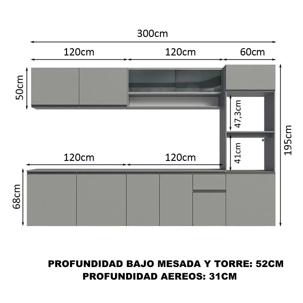 Juego de Cocina Completa Nice Suspensa 300cm Gris - Balton Hogar - GRNC3000043B