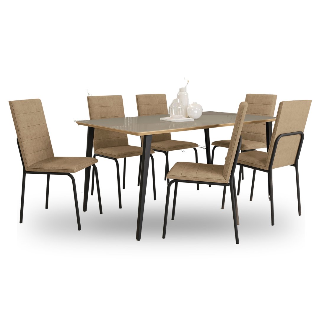 JUEGO DE COMEDOR 6 SILLAS VIDRIO SOBREPUESTO AMSTERDAM HIERRO CAPUCCINO - CMC835PRF-31