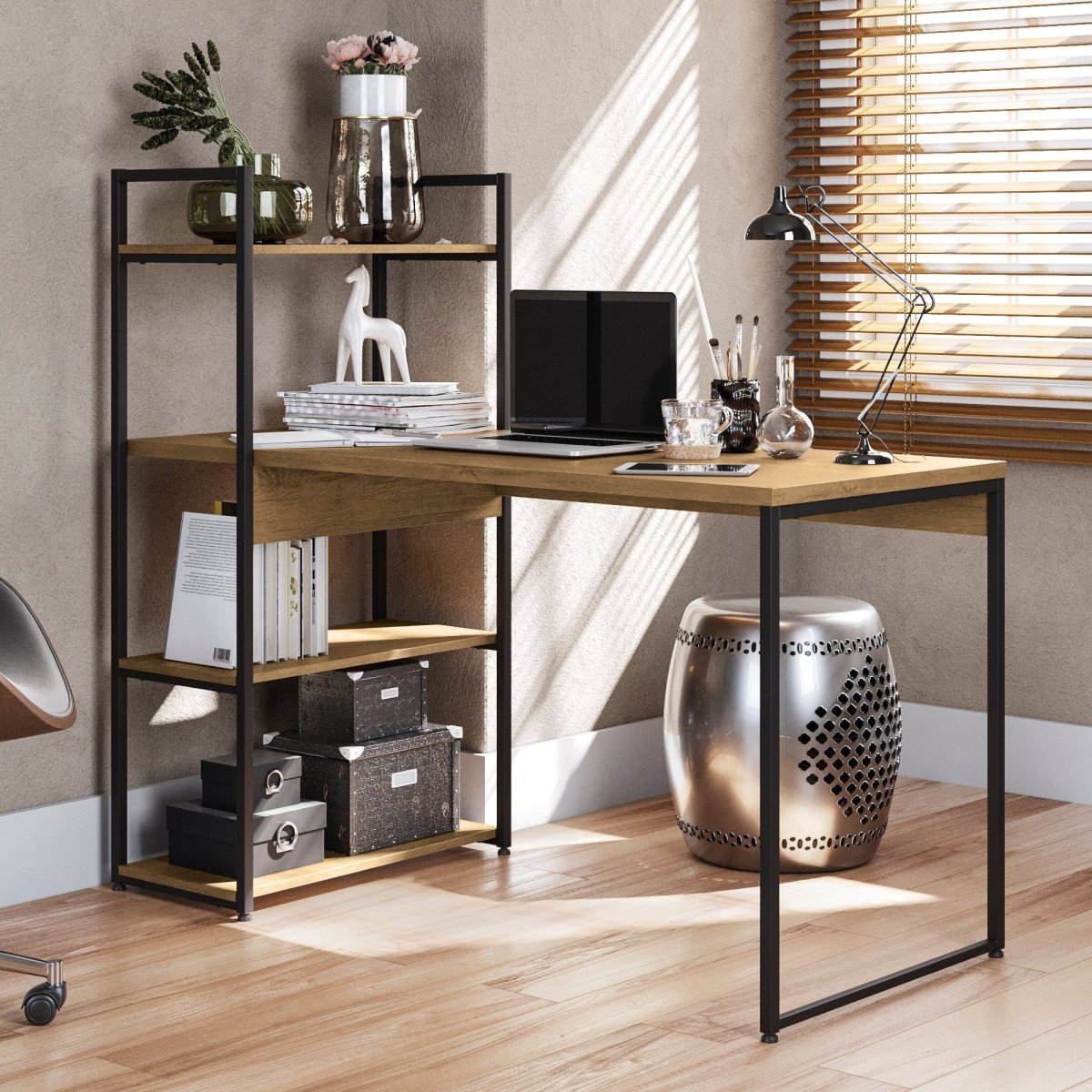 MESA DE ESCRITORIO CON ESTANTERIA LINEA INDUSTRIAL HIERRO - BALTON HOGAR - LI010-FRPRF