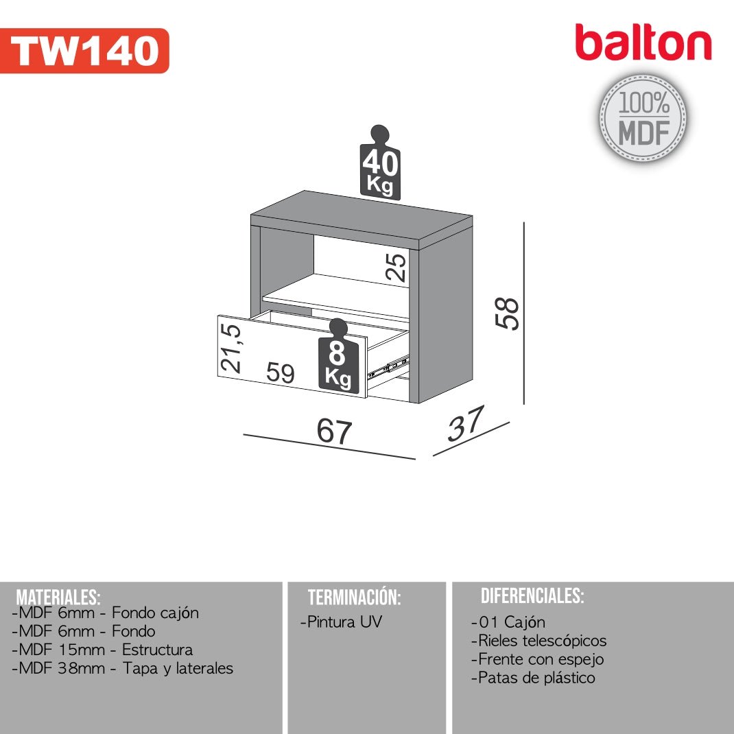 Mesa de Luz 100% Mdf - Balton - TW140JW - TW140JW