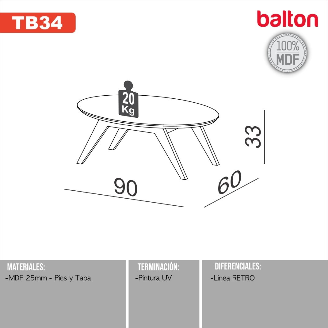 Mesa ratona elíptica 90cm 100% Mdf - Balton - TB34JW - TB34WJ