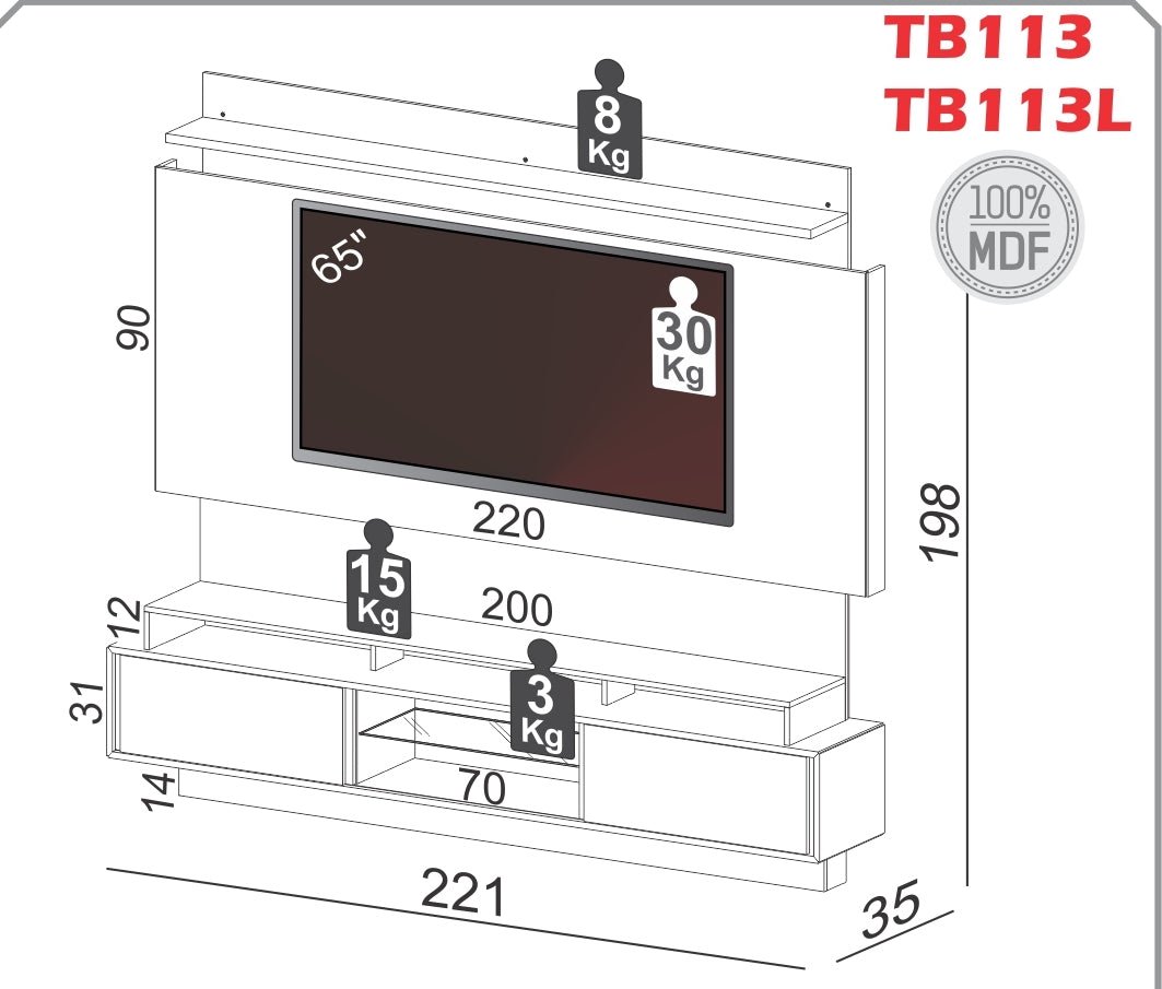 Rack Panel Home center Portugal con Led 220cm 100% MDF - Balton Hogar - TB113LWJ
