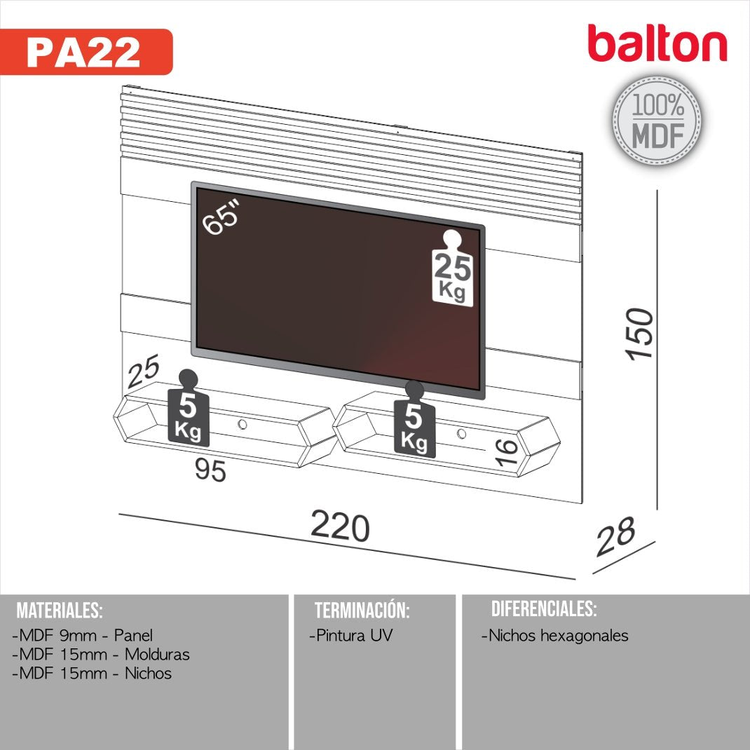 Rack Panel para Tv hasta 65" 220CM 100% Mdf - Balton - PA22WJ - PA22WJ