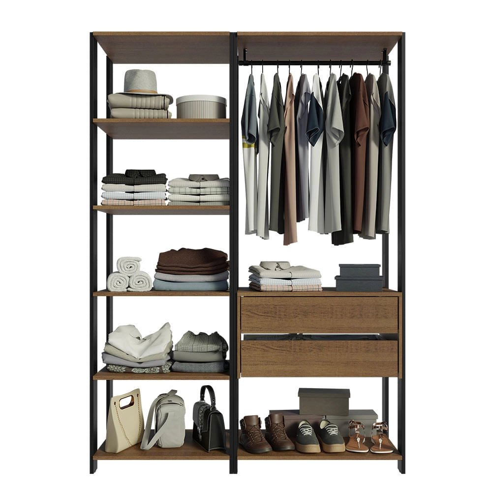 Ropero Abierto Valencia Mueble de guardado 2 Cajones 129cm Rústico/Negro - MDDR0200407K
