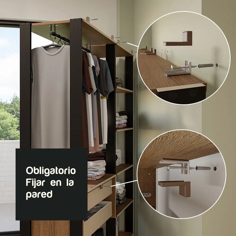 Ropero Abierto Valencia Mueble de guardado 2 Cajones 129cm Rústico/Negro - MDDR0200407K