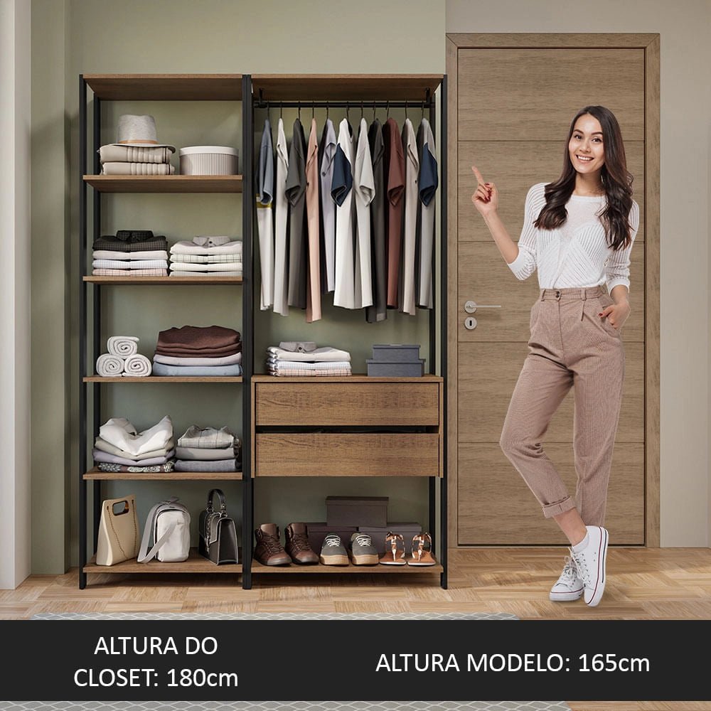 Ropero Abierto Valencia Mueble de guardado 2 Cajones 129cm Rústico/Negro - MDDR0200407K