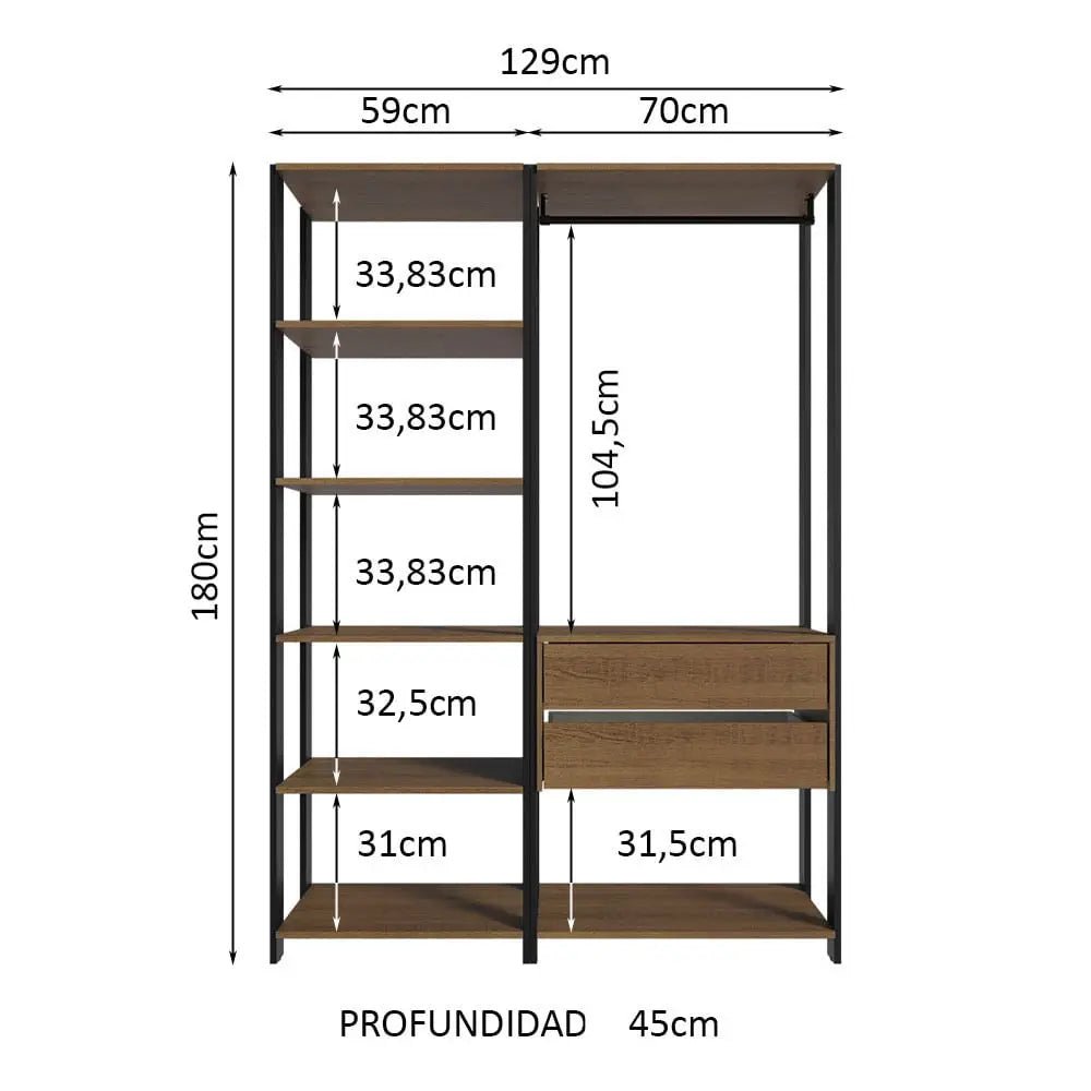 Ropero Abierto Valencia Mueble de guardado 2 Cajones 129cm Rústico/Negro - MDDR0200407K