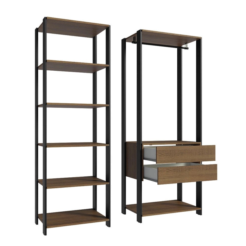 Ropero Abierto Valencia Mueble de guardado 2 Cajones 129cm Rústico/Negro - MDDR0200407K