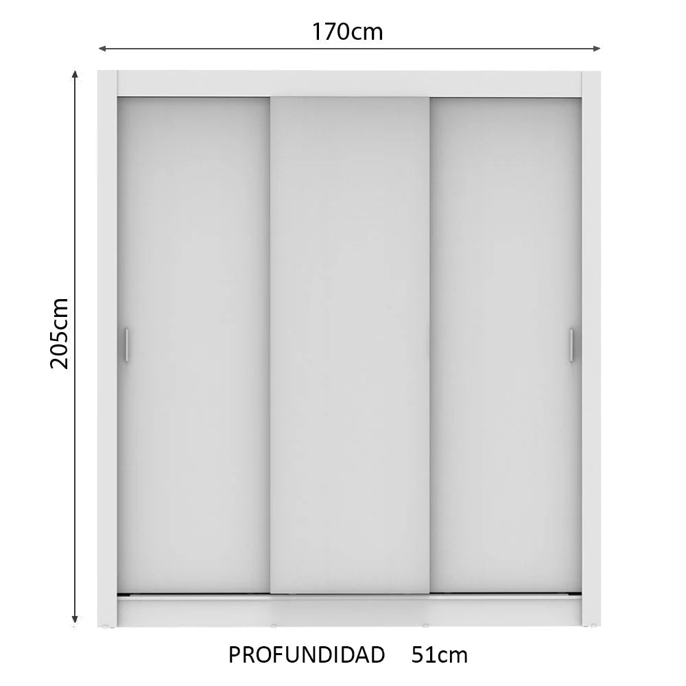 Ropero Placard Matrimonial Monaco 170CM Sin Espejo 3 Puertas Corredizas