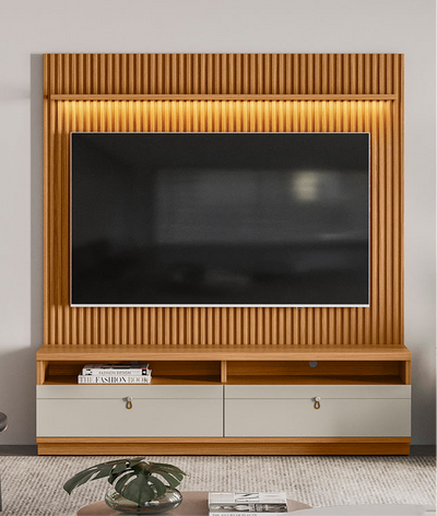 Rack con Panel Ouro Preto Listones de madera y Led 180cm MDF/MDP
