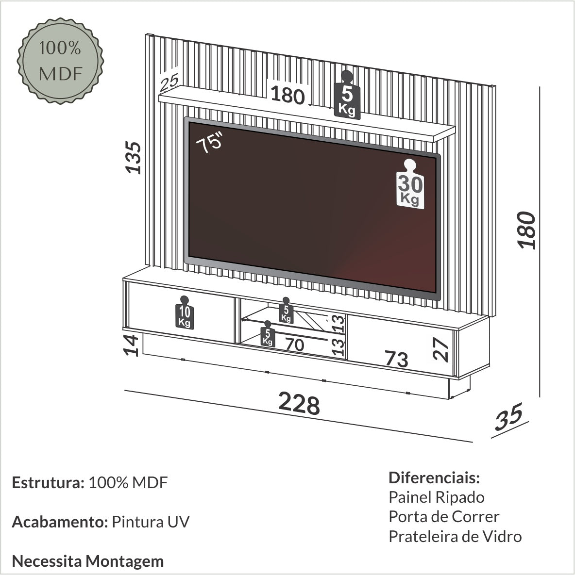 Rack Panel Home Center Grecia con tira Led Listones 220cm 100% MDF Fendi